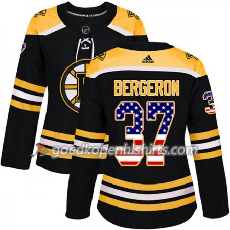 Boston Bruins Patrice Bergeron 37 Adidas 2017-2018 Zwart USA Flag Fashion Authentic Shirt - Dames